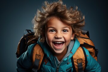 With a gleeful expression and a backpack in hand, a cheerful little bot embodies the spirit of going back to school, set against a vibrant blue background