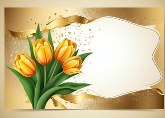Card template with empty space of tulip on gold background, with splashes for party invitation design from Generative AI