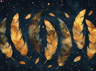 black and gold leaves on the screen, in the style of detailed feather rendering, romantic illustrations, photorealistic compositions, tropical symbolism, dark gray and bronze, poster, poetic elegance - obrazy, fototapety, plakaty