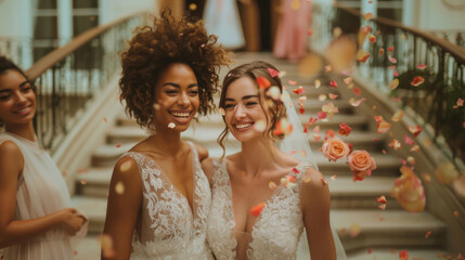 Naklejka premium Candid shot of two female lesbian LGBT brides walking down the stairs during their wedding ceremony