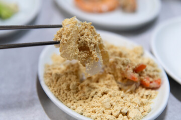 View of the sashimi covered with soybean powder