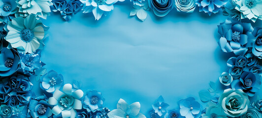 Obraz premium Blue paper flowers background with place for text title with blue background for banner post greating card background