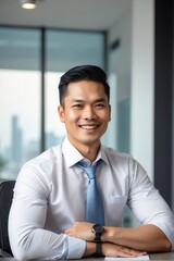 Portrait of a attractive and happy Filipino business man on office background with morning sunlight from Generative AI