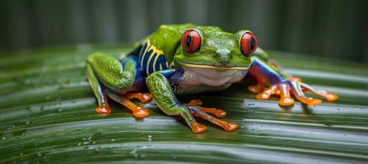 Keuken spatwand met foto Vibrant red eyed amazon tree frog perched on a lush palm leaf with space for text overlay © Ilja