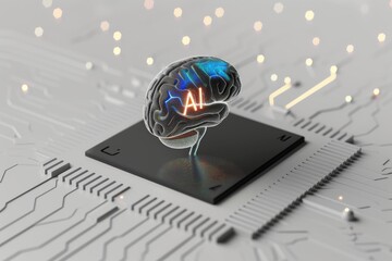AI Brain Chip particle swarm optimization. Artificial Intelligence flexible electronics mind neurosensing axon. Semiconductor brain tumor hope circuit board prefrontal cortex - obrazy, fototapety, plakaty