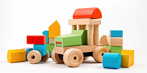 Wooden toys train, car, cubes, pyramid, constructor, blocks. Early development, play, learning. Children's room, nursery, playroom backdrop.