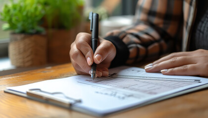A close-up of a hand filling out a bank cheque on a wooden desk next to a pen and calculator - wide format