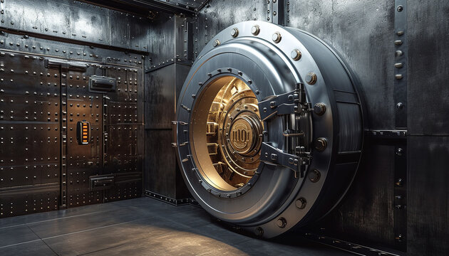 A heavy, closed bank vault door is shown, symbolizing financial security and the safekeeping of assets - wide format