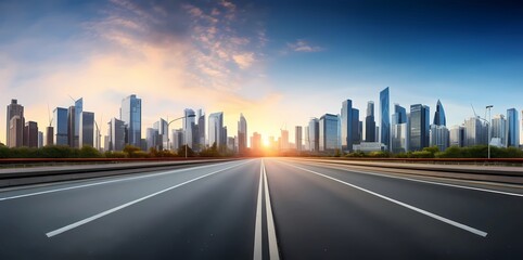 Fototapeta premium Asphalt road and city skyline at sunset, Generative AI illustrations.