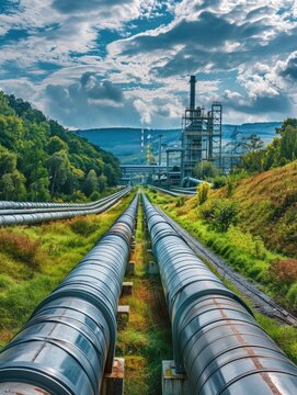 A whole new steel pipeline coming from the modern Eco Power Plant in the background, green energy production, professional photo