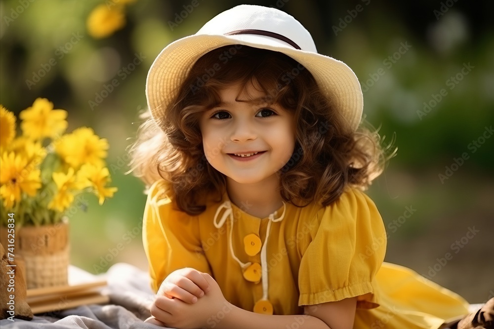 Poster Portrait of a cute little girl in summer hat and yellow dress