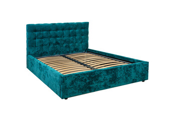Green double bed with wooden base without mattress.