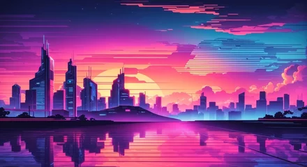 Poster Synthwave retro city landscape background at sunset © MochSjamsul
