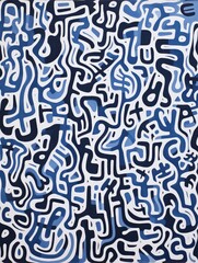 A blue and white abstract painting featuring bold brushstrokes and swirling patterns in a contemporary style.