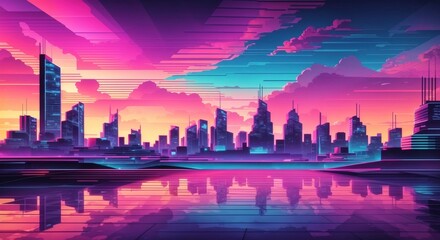 Synthwave retro city landscape background at sunset