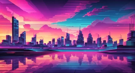 Poster Synthwave retro city landscape background at sunset © MochSjamsul