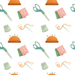 Vector pattern with sewing tools. Scissors, fabric, needle and thread, thimble - obrazy, fototapety, plakaty