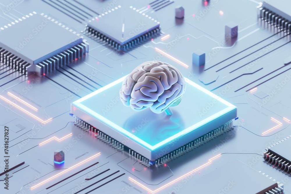 Poster ai brain chip universal serial bus. artificial intelligence neon pink paradise mind knowledge distil