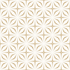 Golden vector geometric seamless pattern. Stylish texture with halftone dots, organic shapes, floral silhouettes, grid. Elegant gold and white minimal background. Luxury repeated decorative design