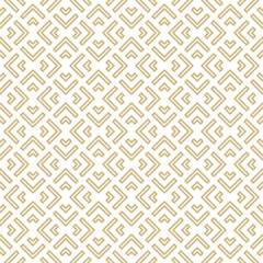 Golden geometric lines vector seamless pattern. Luxury texture with triangles, squares, chevron, arrows, lines. Abstract gold and white linear graphic background. Elegant retro ornament. Repeat design