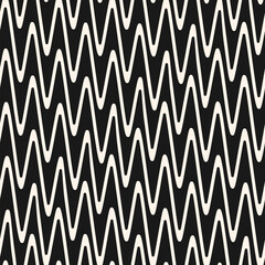 Wavy zigzag lines seamless pattern. Vector background with smooth diagonal zig zag, waves, curved stripes, chevron. Black and white abstract geometric texture. Simple stylish monochrome repeat design