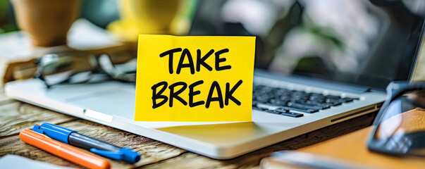 Yellow sticky note with TAKE A BREAK handwritten message on a laptop keyboard, a reminder for work-life balance, rest, and self-care during busy workdays