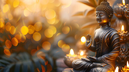 Meditating Zen Buddha statue with background of bokeh - obrazy, fototapety, plakaty