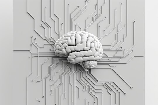 AI Brain Chip wallerian degeneration. Artificial Intelligence psychic energy human cloud api mind circuit board. Neuronal network scanner smart computer processor chip testing