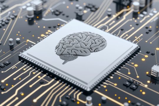 AI Brain Chip neurotransmitters. Artificial Intelligence focus human ai smart devices mind circuit board. Neuronal network axon filament smart computer processor remote access