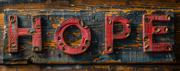 Red vintage wooden letters spelling out HOPE on a textured old wooden background, evoking feelings of aspiration, inspiration, and positive expectation
