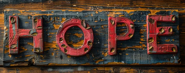 Papier Peint photo Lavable Typographie positive Red vintage wooden letters spelling out HOPE on a textured old wooden background, evoking feelings of aspiration, inspiration, and positive expectation