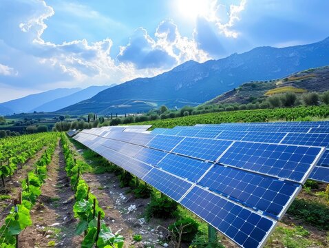 Solar panels making green energy in the beautiful landscape, eco friendly, renewable energy, professional nature photo