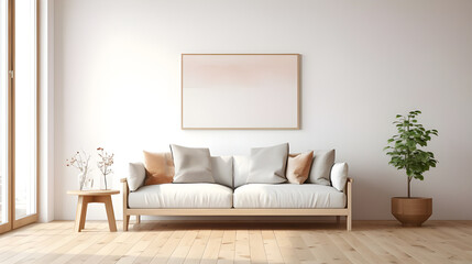 A minimalist Scandinavian living room interior featuring a horizontal poster frame mockup, adding a touch of contemporary flair to the space.