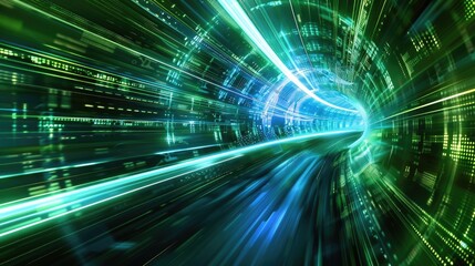 Fototapeta premium Futuristic Light Speed Data Stream - Digital Cyberspace Tunnel with Glowing Lines and Binary Code