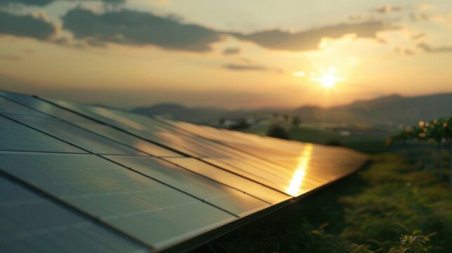 Solar power and energy farm close up photo with blurred landscape background, professional photo