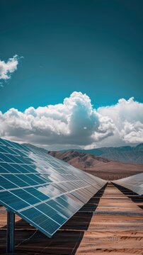 Solar power and energy farm in the desert, beautiful background, professional photo