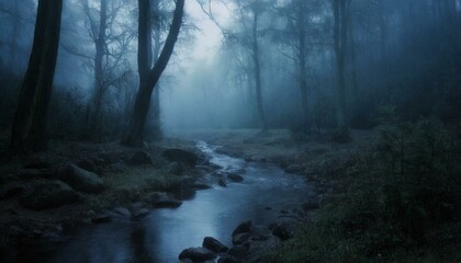 misty morning in the forest stream - obrazy, fototapety, plakaty