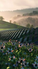 Solar power and energy farm photo with blurred landscape background, professional photo