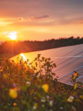 Solar power and energy farm photo with blurred landscape background, professional photo