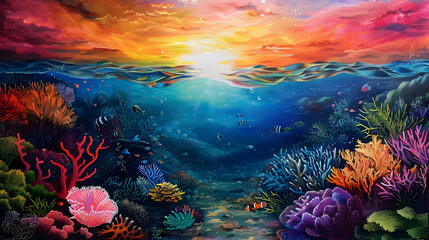 Fototapeta na wymiar A painting of a coral reef with the sun shining through the clouds, A under water sea