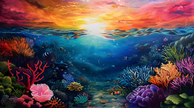 A painting of a coral reef with the sun shining through the clouds,
A under water sea


