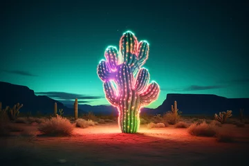 Abwaschbare Fototapete  cactus, neon cactus, cyberpunk cactus, cactus in the desert, Vibrant desert cacti illuminated in a neon glow, cactus in the dark © fadi