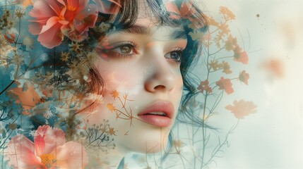 Dreamy fusion of a young woman with autumnal flora