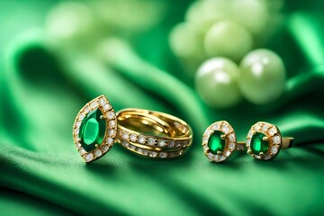 Beautiful Golden ring and pair of earrings with green Emerald and Diamonds gemstones on a green satin background. Luxury female jewelry, close-up. Selective focus
