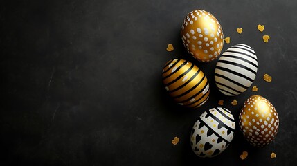 Golden, black and white Easter eggs painted with stripes, hearts and dots in corner of black background