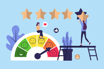 Customer Satisfaction Meter with Emotions Icons. Survey Clients, Customers Review Rating and Best Estimate of Performance. Concept of Client Feedback, Consumer Online report. User Experience
