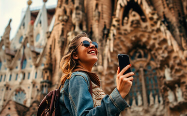 Barcelona Heritage Selfie: A Young Native Woman, Backpack in Tow, Captures the Historic Splendor of Spain in a Joyful Selfie with Sagrada Familia and Gaudi's Masterpieces as UNESCO Backdrop.

