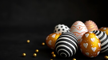Golden, black and white Easter eggs painted with stripes, hearts and dots in corner of black background