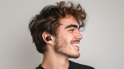 Fototapeta premium Studio profile headshot of young caucasian cheerful carefree smiling man with toothy smile wearing black wireless earphones on neautral grey background