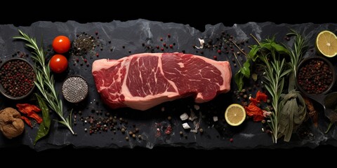 High-quality raw steaks seasoned with herbs and spices on a dark surface, ready for gourmet cooking.